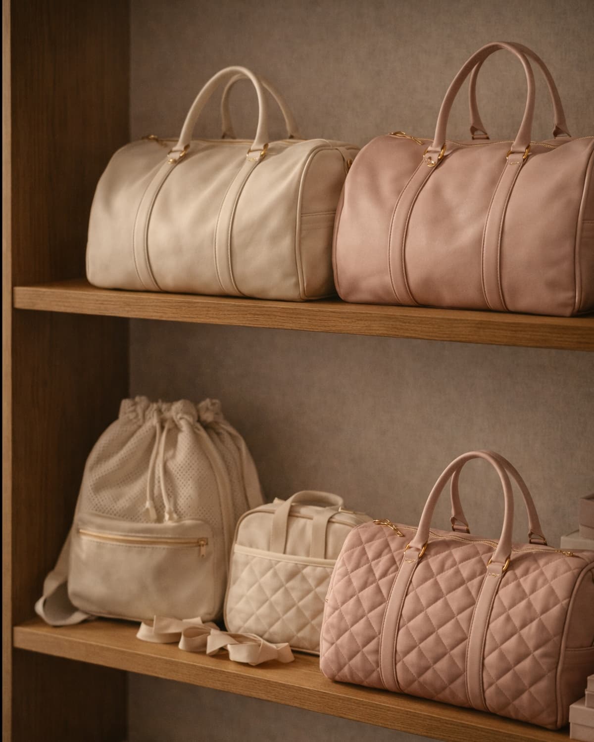 Dance bags displayed neatly on boutique shelving.